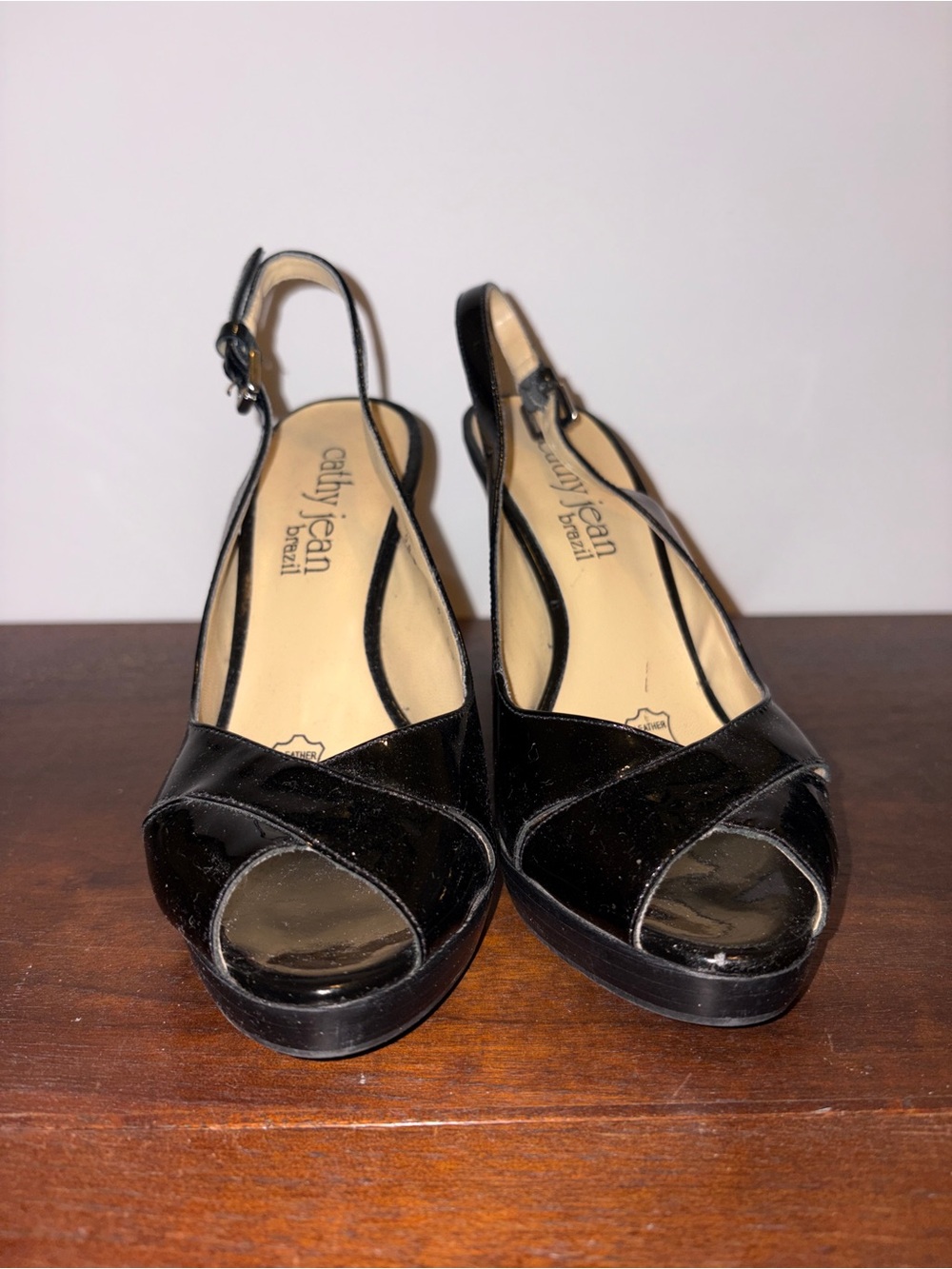Cathy Jean Black Patent Peep-Toe Slingback Wedges